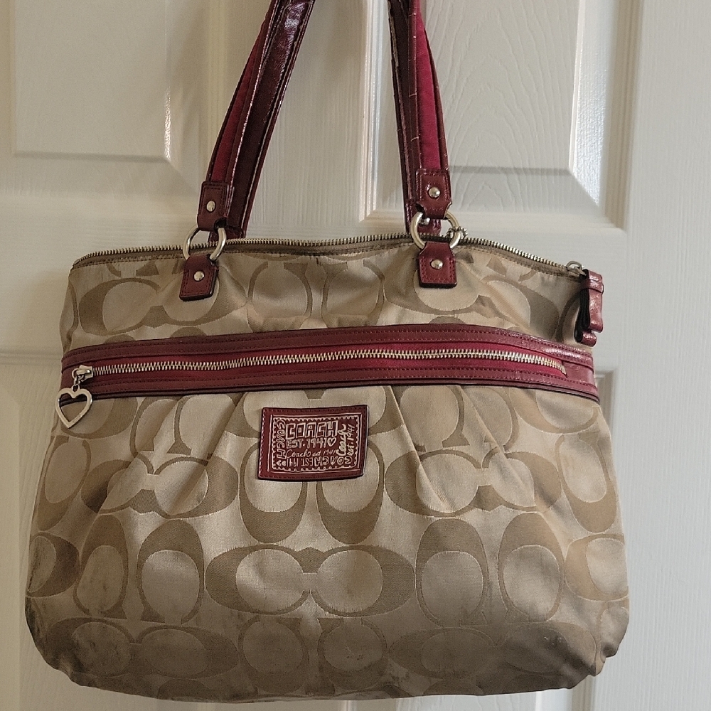 Coach Tan and Red Shoulder Bag with Signature Design